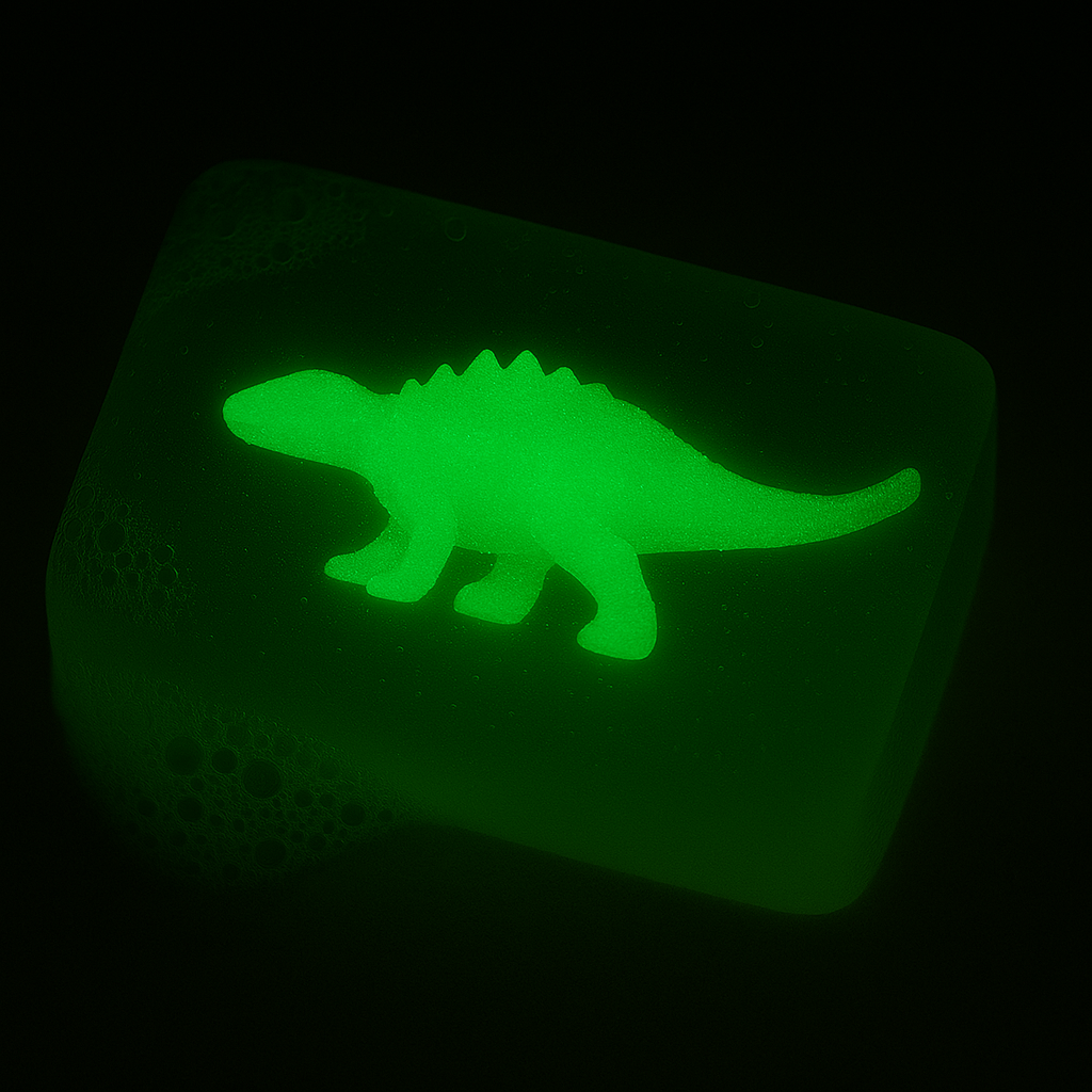 savon transparent avec figurine dinosaure qui brille dans la nuit