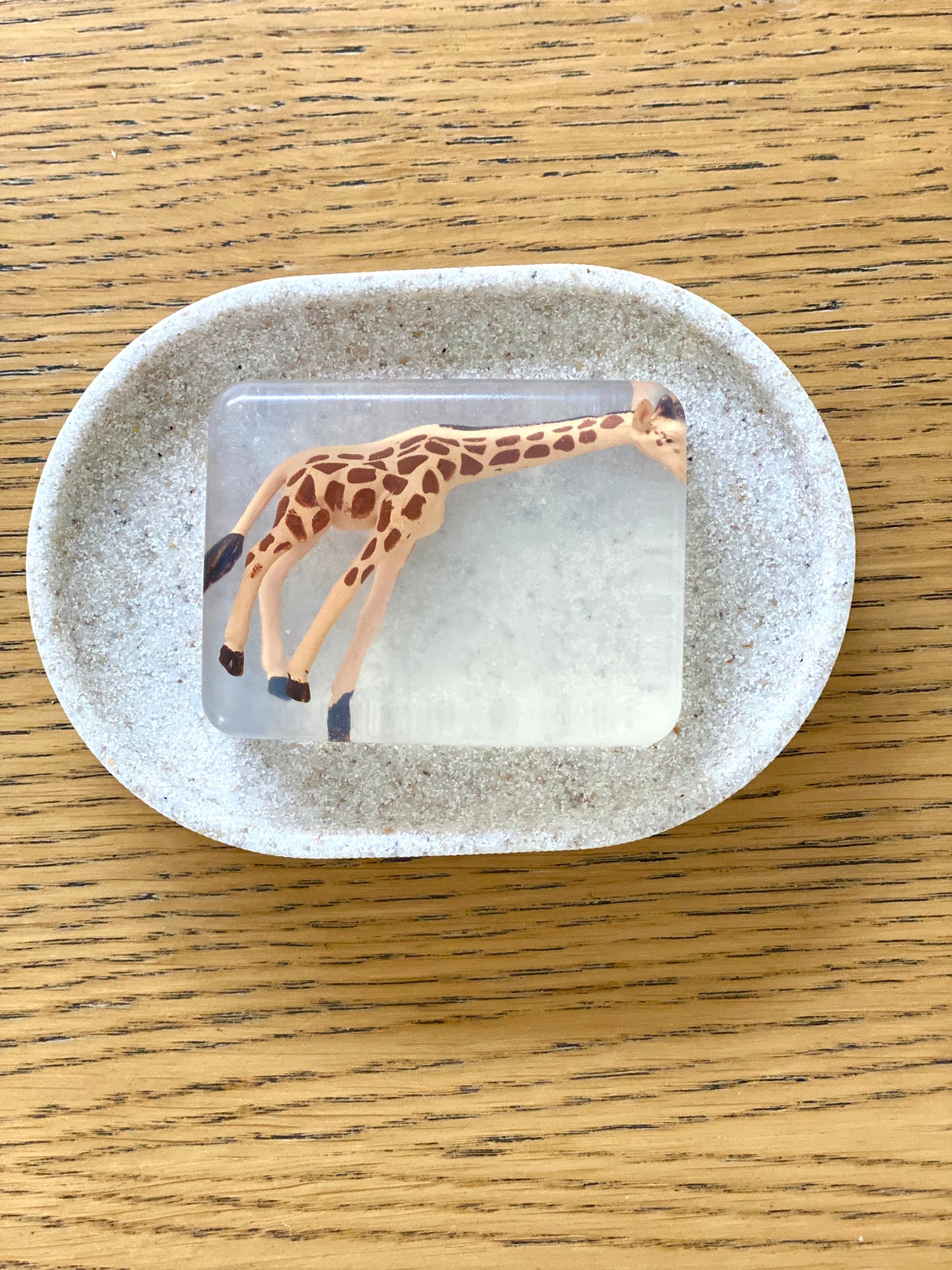 savon transparent avec figurine girafe