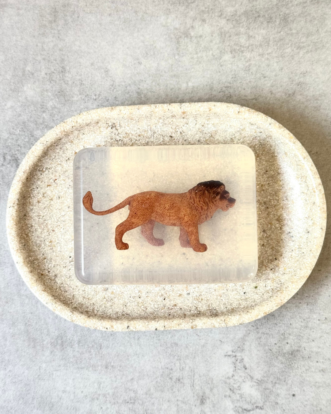 savon transparent avec figurine lion