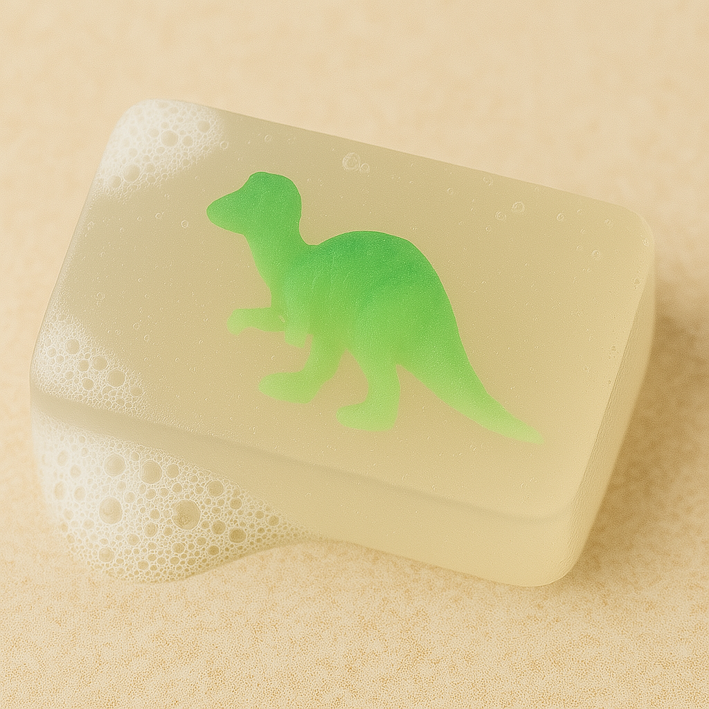 savon transparent avec figurine dinosaure qui brille dans la nuit