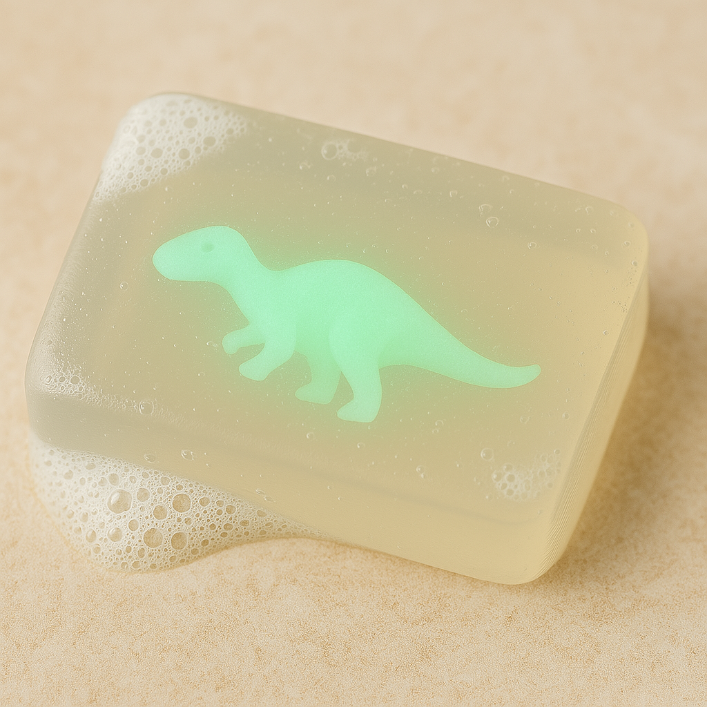 savon transparent avec figurine dinosaure qui brille dans la nuit