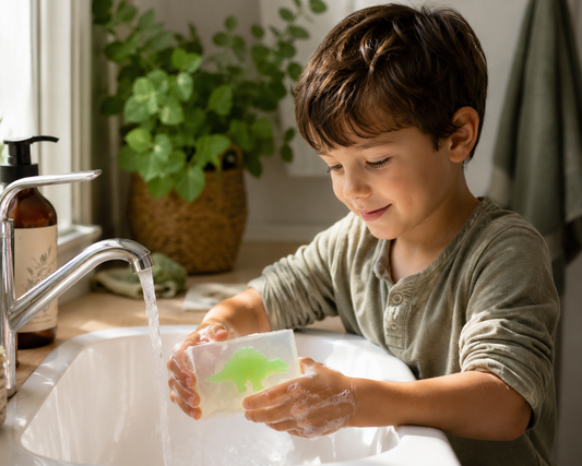Enfant qui se lave les mains avec un savon transparent qui a une figurine dinosaure
