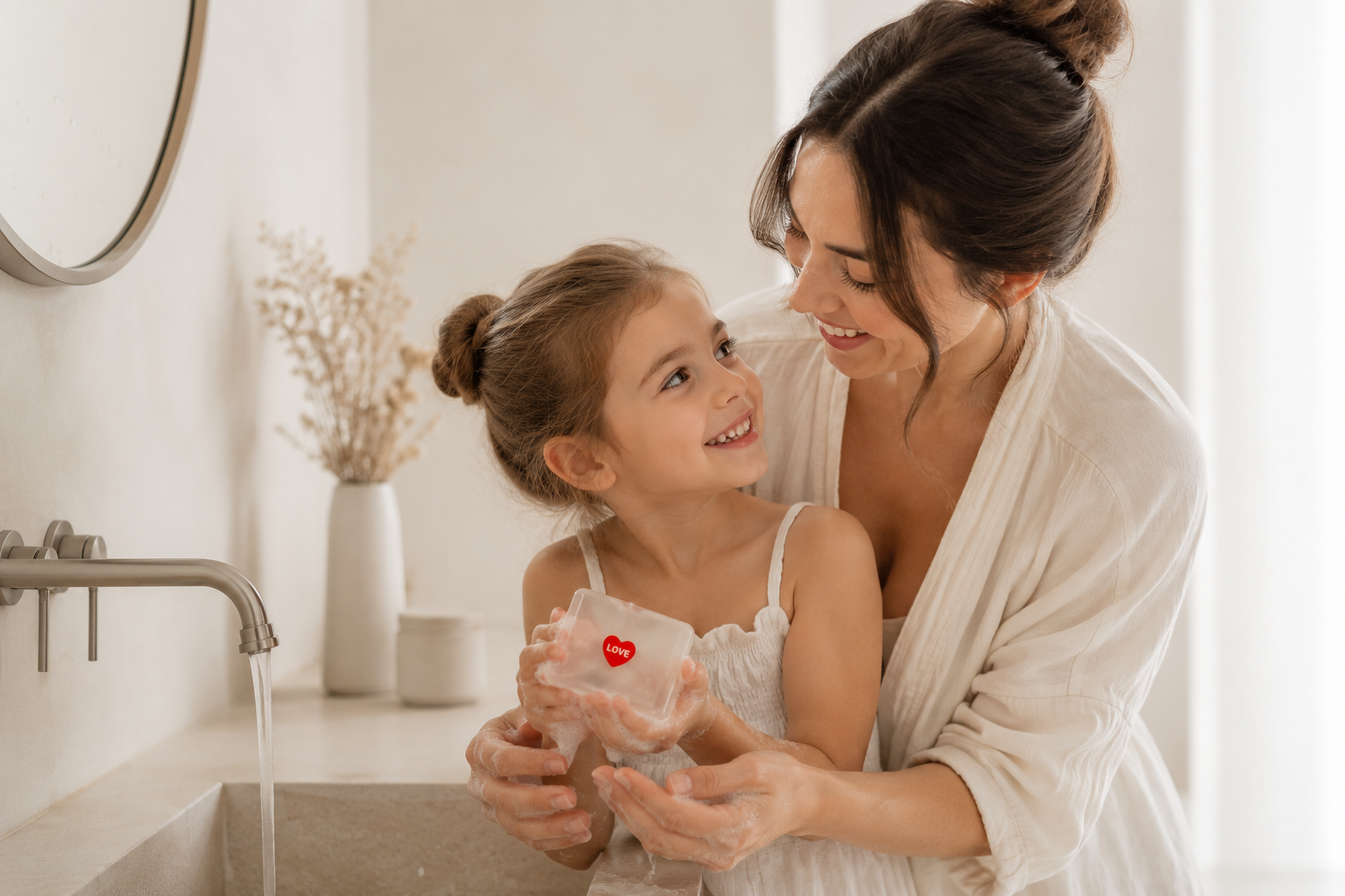 savon transparent avec figurine love soap hit dans les mains d'une maman et d'un enfant.