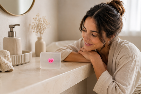 savon transparent avec une figurine sweet heart rose et une femme qui regarde le savon