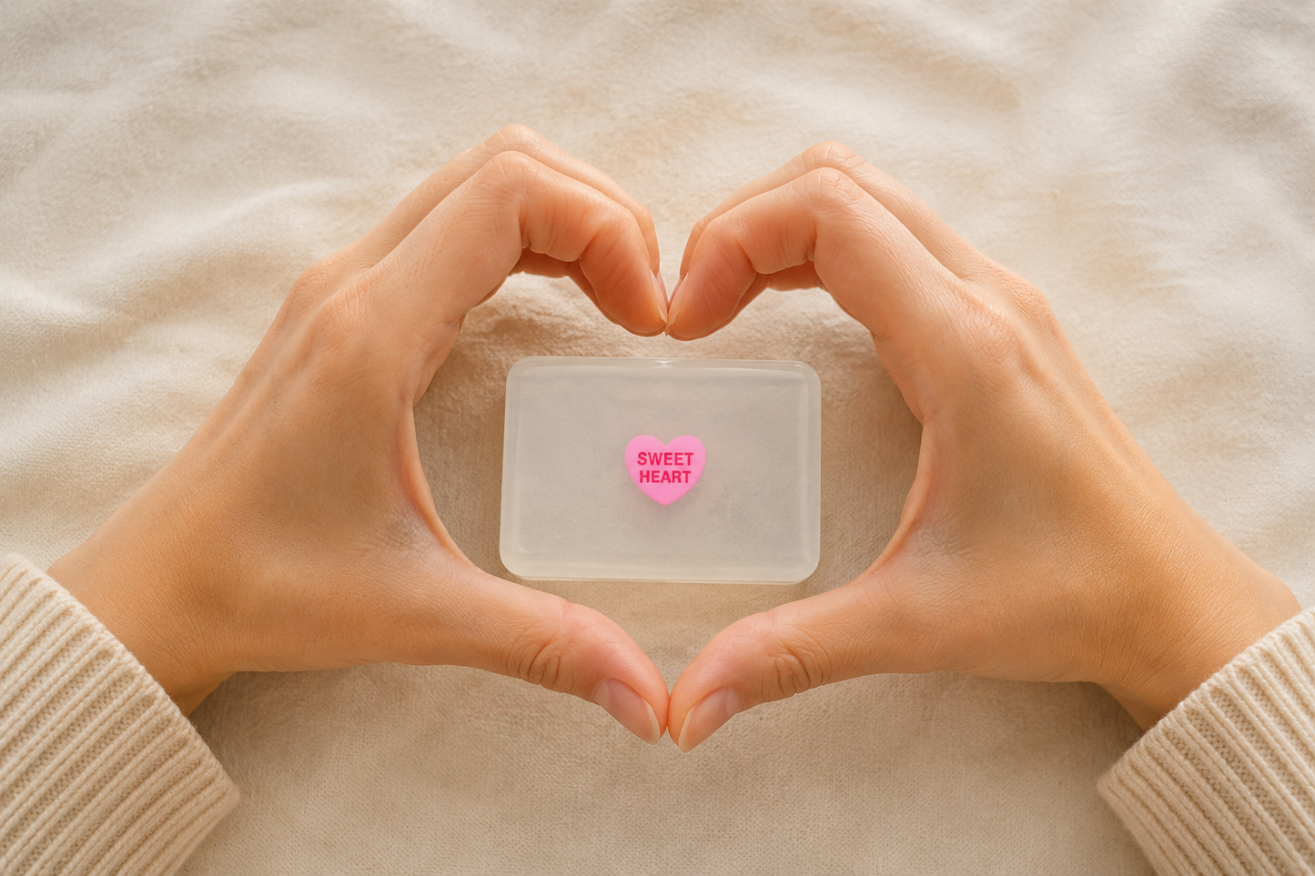 savon transparent avec une figurine sweet heart rose et des mains en forme de coeur