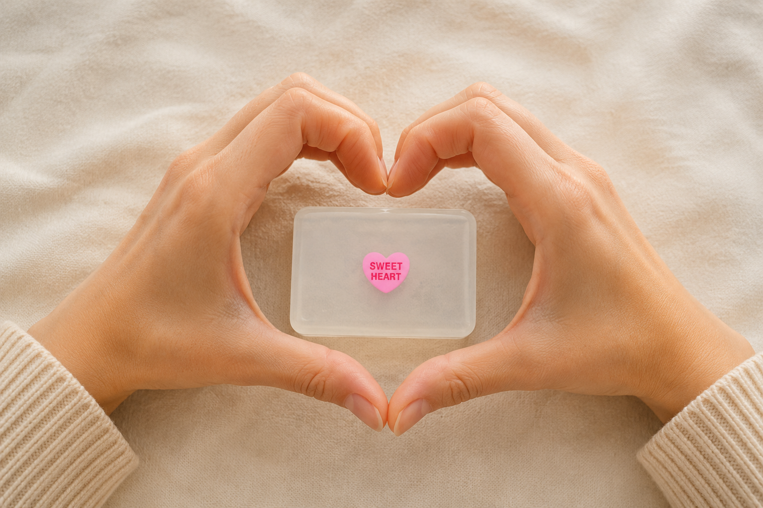 savon transparent avec une figurine sweet heart rose et des mains en forme de coeur
